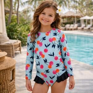 Bon Bon Blue Cherry Print Long Sleeve One Piece Swim Suit 1T